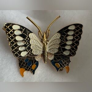 Vintage Butterfly Brooch Toledo Spain Damascene Pin Enamel Blue White Accents
